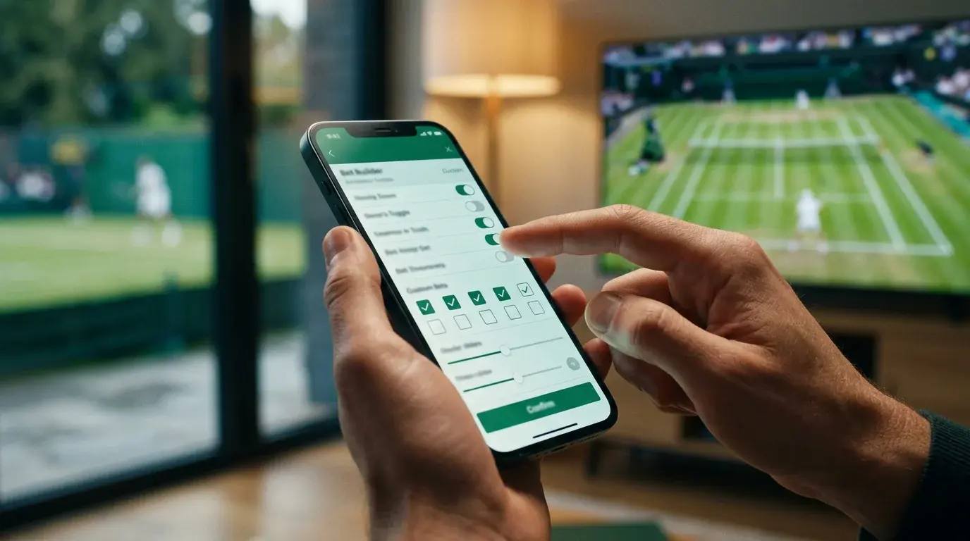 Mano seleccionando opciones de apuesta en una pantalla de móvil con pista de tenis de fondo