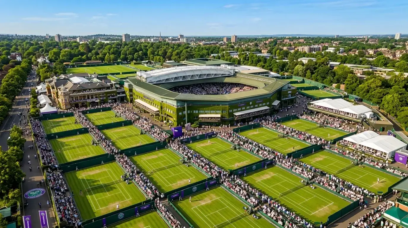 Vista aérea del All England Club con el calendario de Wimbledon 2026