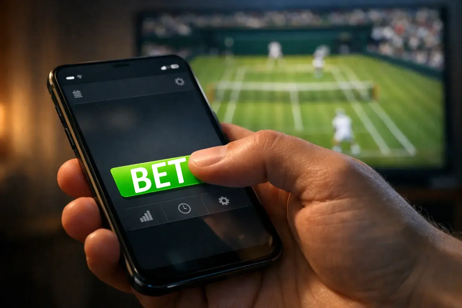 Mano de apostador sobre botón de cash out en pantalla de móvil durante partido de tenis