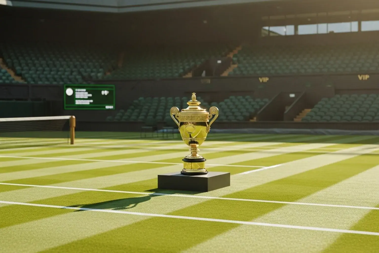Centre Court de Wimbledon vacío antes de una final con trofeo dorado en primer plano