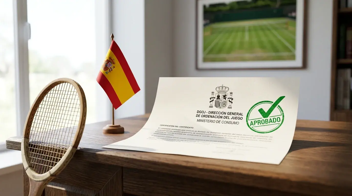 Sello de licencia DGOJ junto a una pista de tenis con la bandera de España