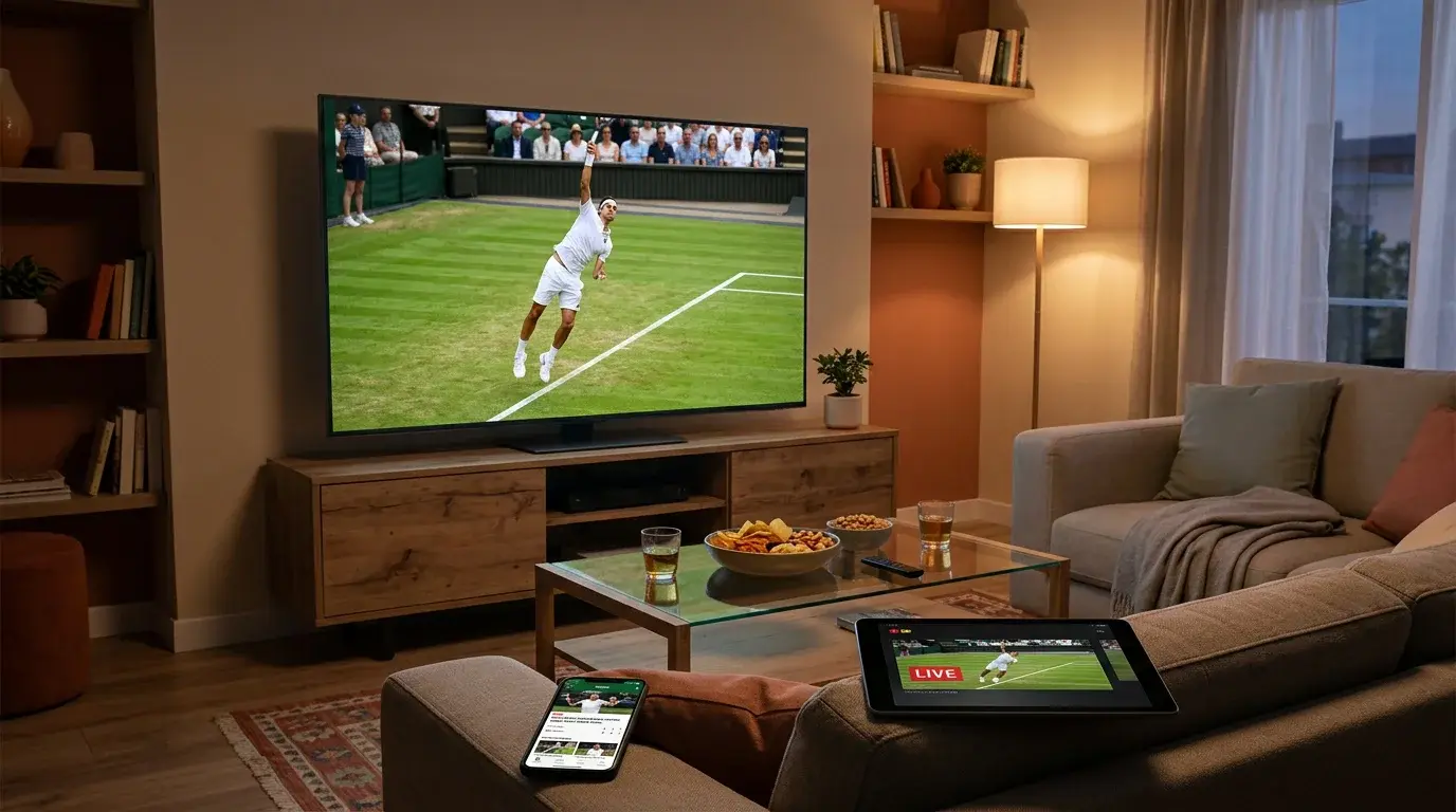 Pantalla de televisión mostrando un partido de tenis en Wimbledon