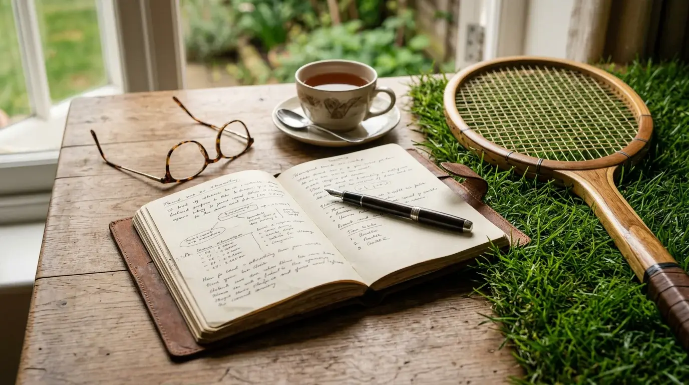 Cuaderno con plan de apuestas junto a una raqueta de tenis sobre hierba