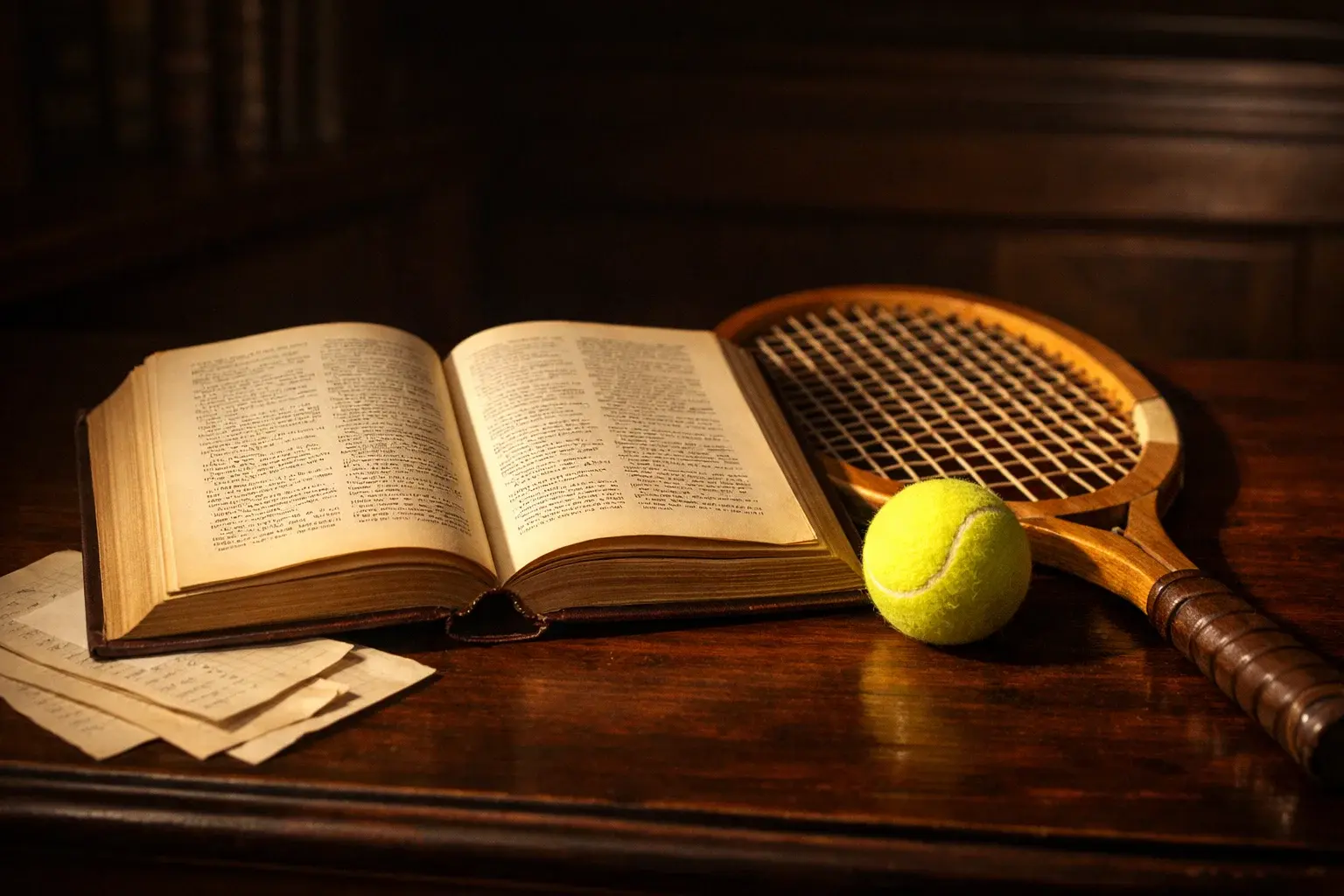 Libro abierto con términos de apuestas junto a raqueta de tenis y pelota amarilla
