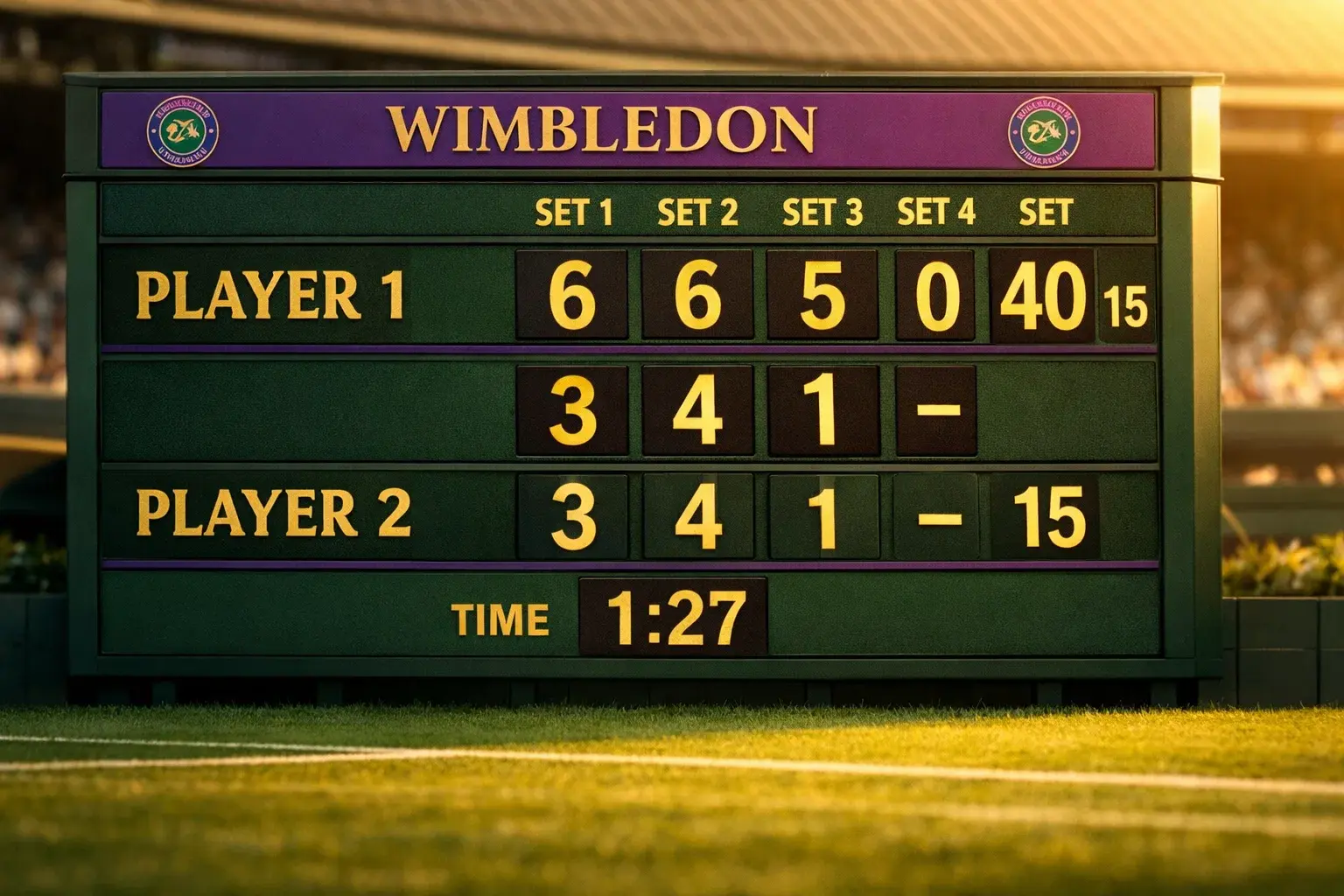 Marcador de tenis mostrando diferencia de juegos entre dos tenistas en pista de hierba