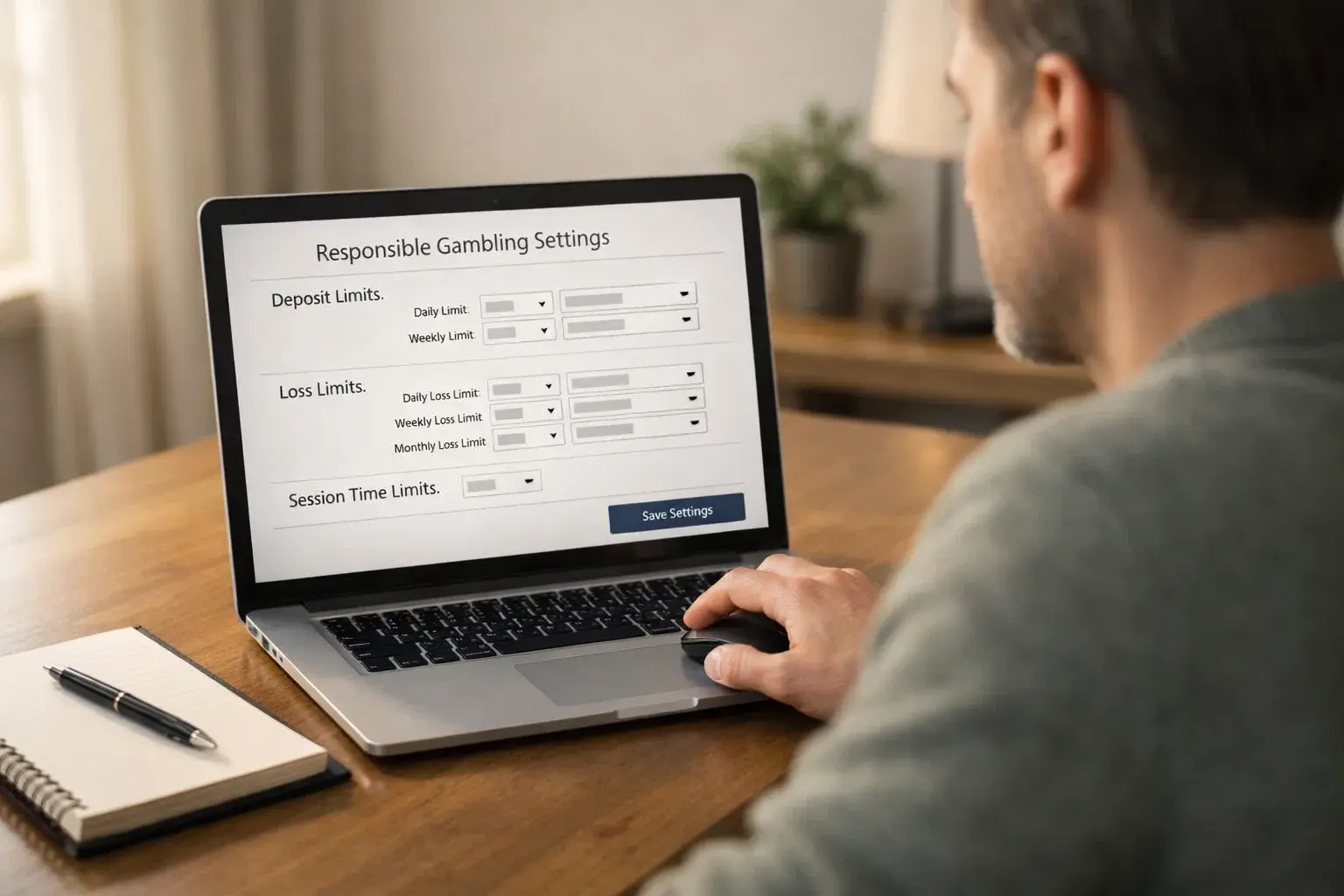 Persona configurando límites de juego responsable en pantalla de ordenador