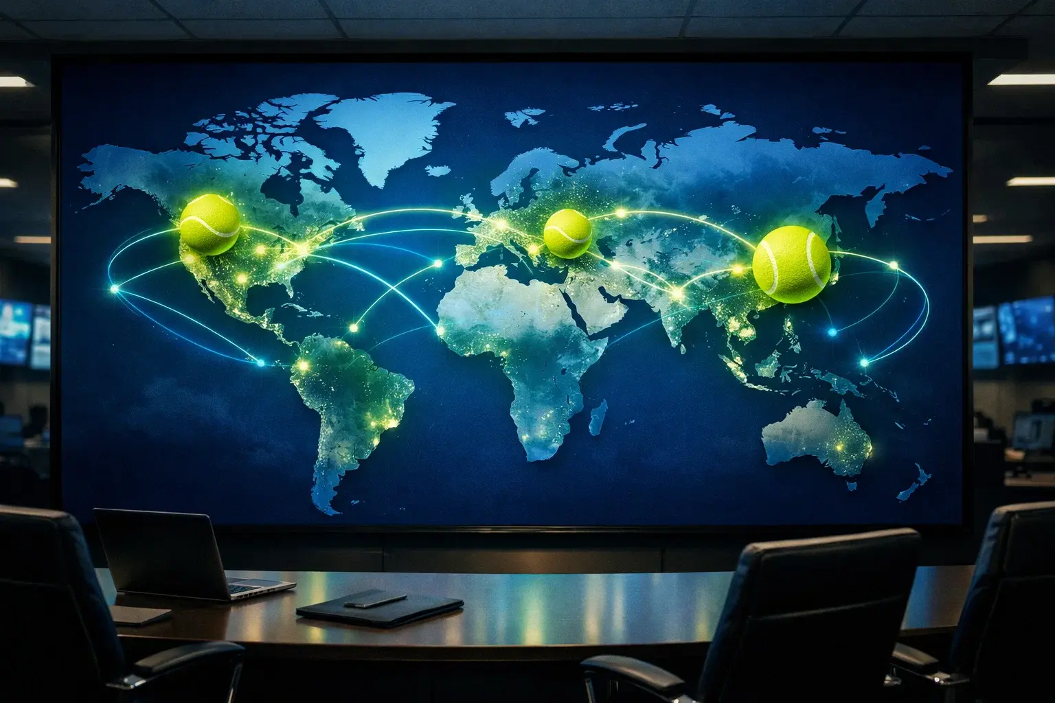 Mapa mundial iluminado con iconos de tenis y símbolos de crecimiento económico