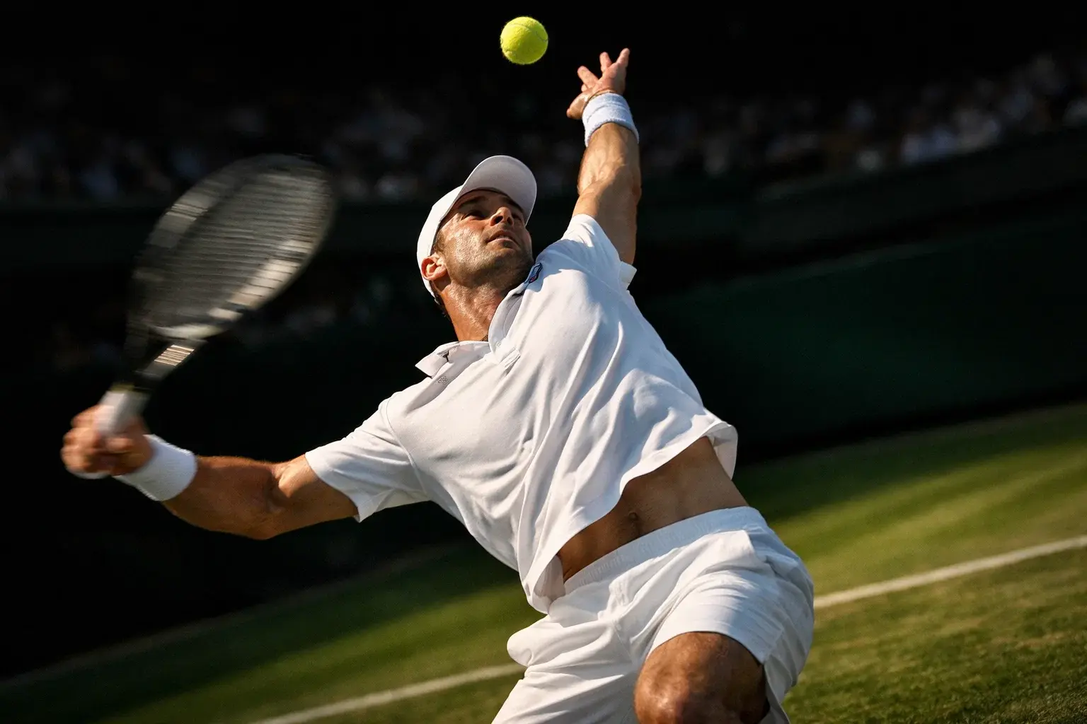 Tenista ejecutando un ace potente en pista de hierba con efecto de velocidad