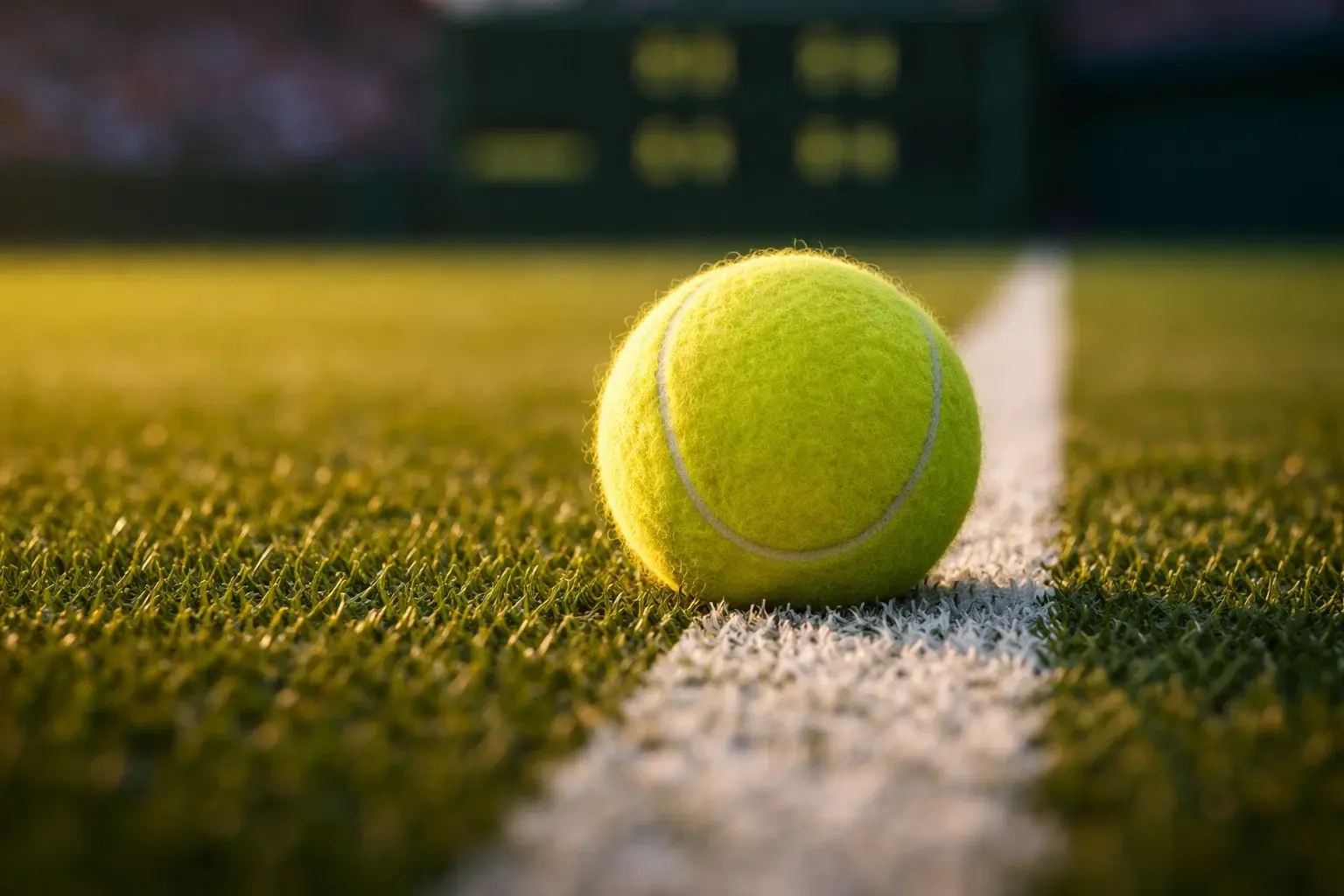 Pelota de tenis sobre línea de hierba de Wimbledon con marcador de juegos al fondo