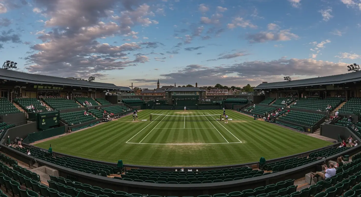 Pista central de Wimbledon con césped verde impecable bajo el sol de verano