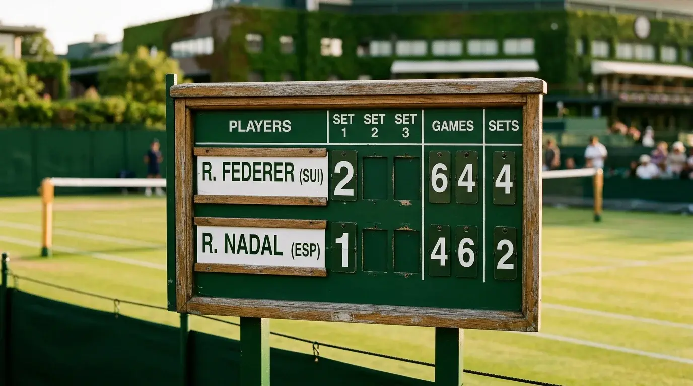 Marcador de tenis en Wimbledon mostrando la puntuación de un partido