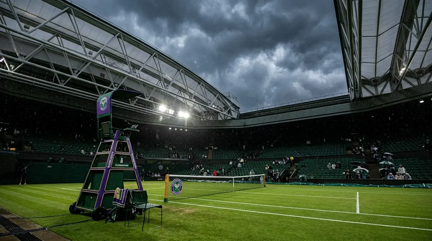 Pista de tenis de Wimbledon cubierta por la lluvia con el techo cerrándose