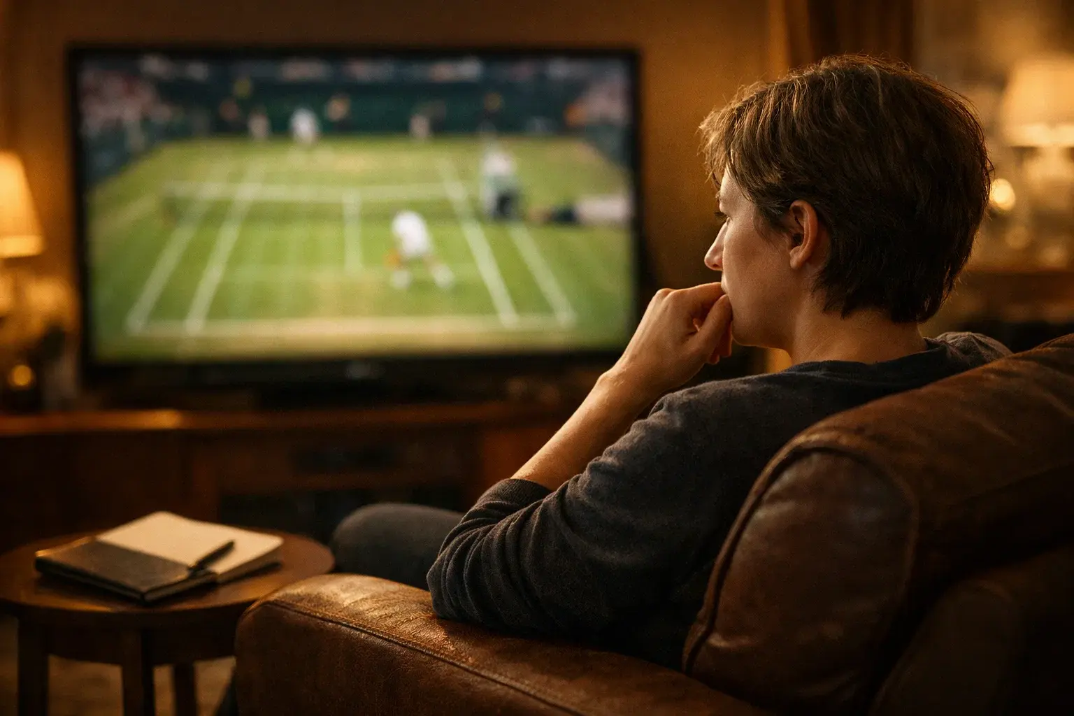 Apostador pensativo con la mano en la barbilla mirando pantalla con partido de tenis
